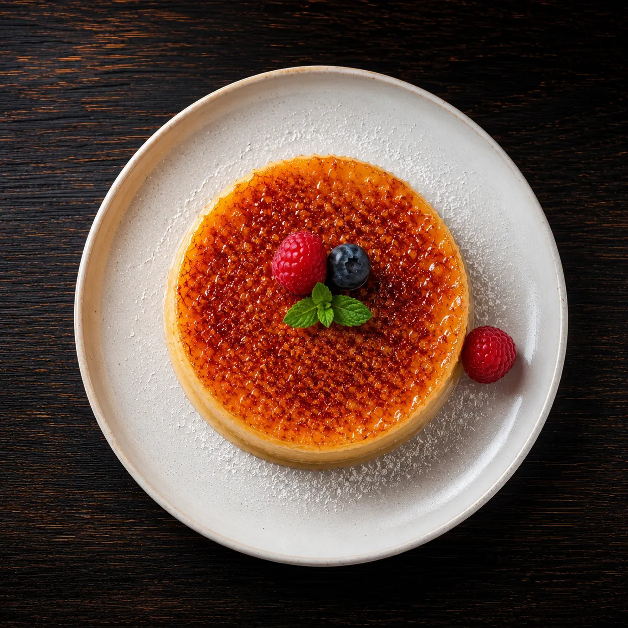 Creme brulee dessert with silky vanilla custard and torched caramel crust at Ocean Bites Winnipeg Exchange District