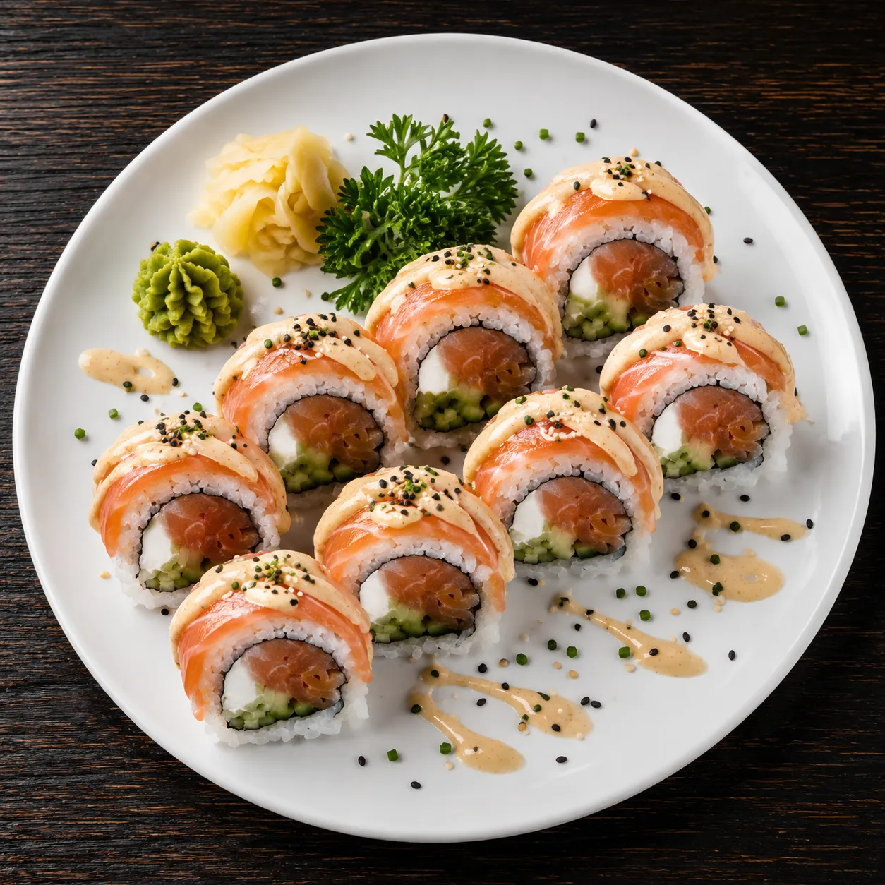Vegetarian truffle salmon roll with vegetables and rice at Ocean Bites Winnipeg